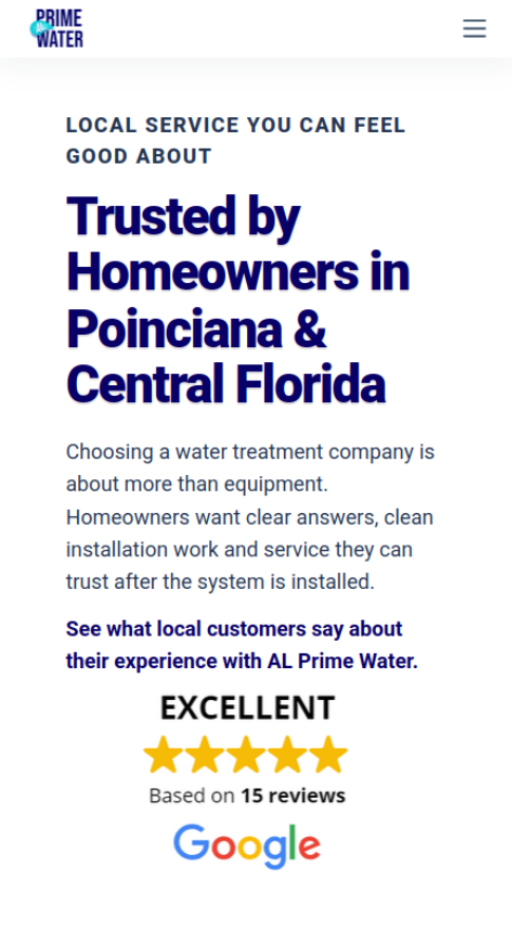 Al Prime Water Página web para negocio de tratamiento de agua en Poinciana, Florida