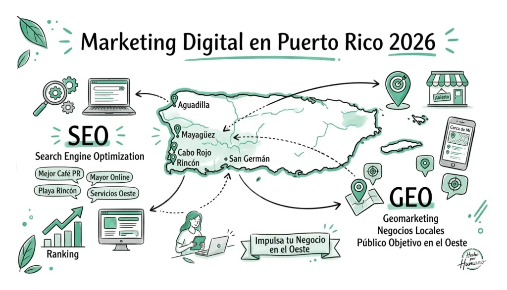 Marketing Digital en Puerto Rico 2026: SEO, GEO, AI Search y Autoridad Local El marketing digital local ya no depende de publicar más contenido. Depende de construir una identidad digital clara, consistente y verificable para que Google, Maps, los modelos de lenguaje y los clientes entiendan quién eres, qué haces, dónde trabajas y por qué confiar en tu negocio.
